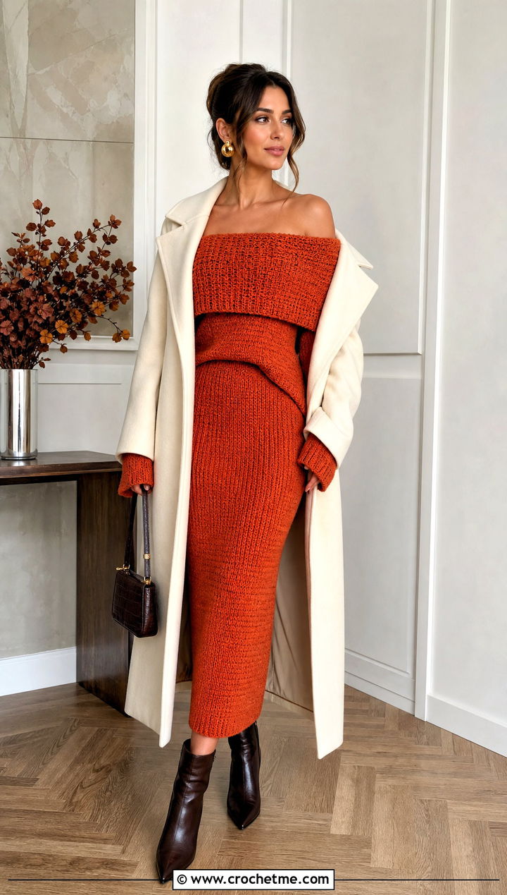 Off Shoulder Crochet Sweater Set With Ankle Boots - 25 Crochet Sweater Set outfit ideas