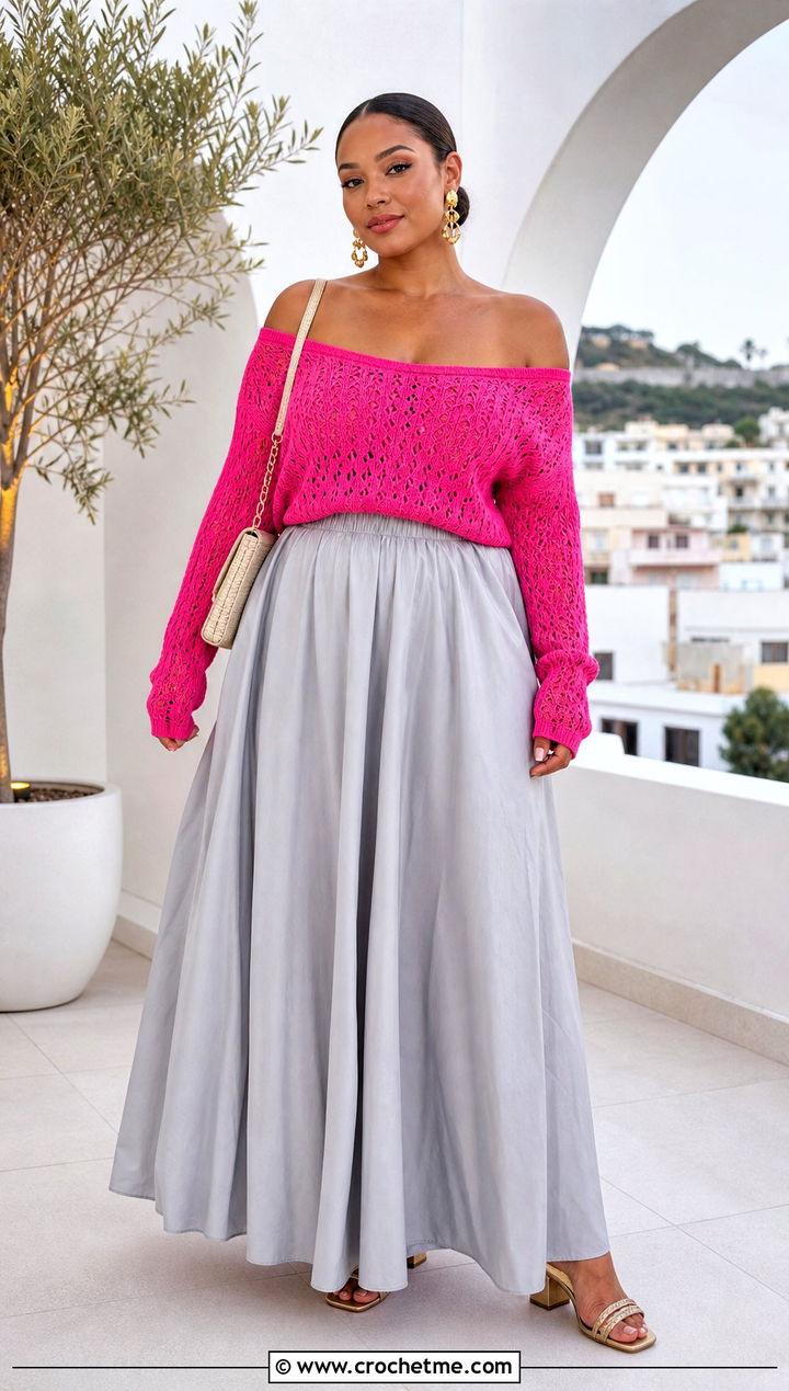 Off Shoulder Crochet Sweater Top With Maxi Skirt - 35 Crochet Top Sweater outfit ideas