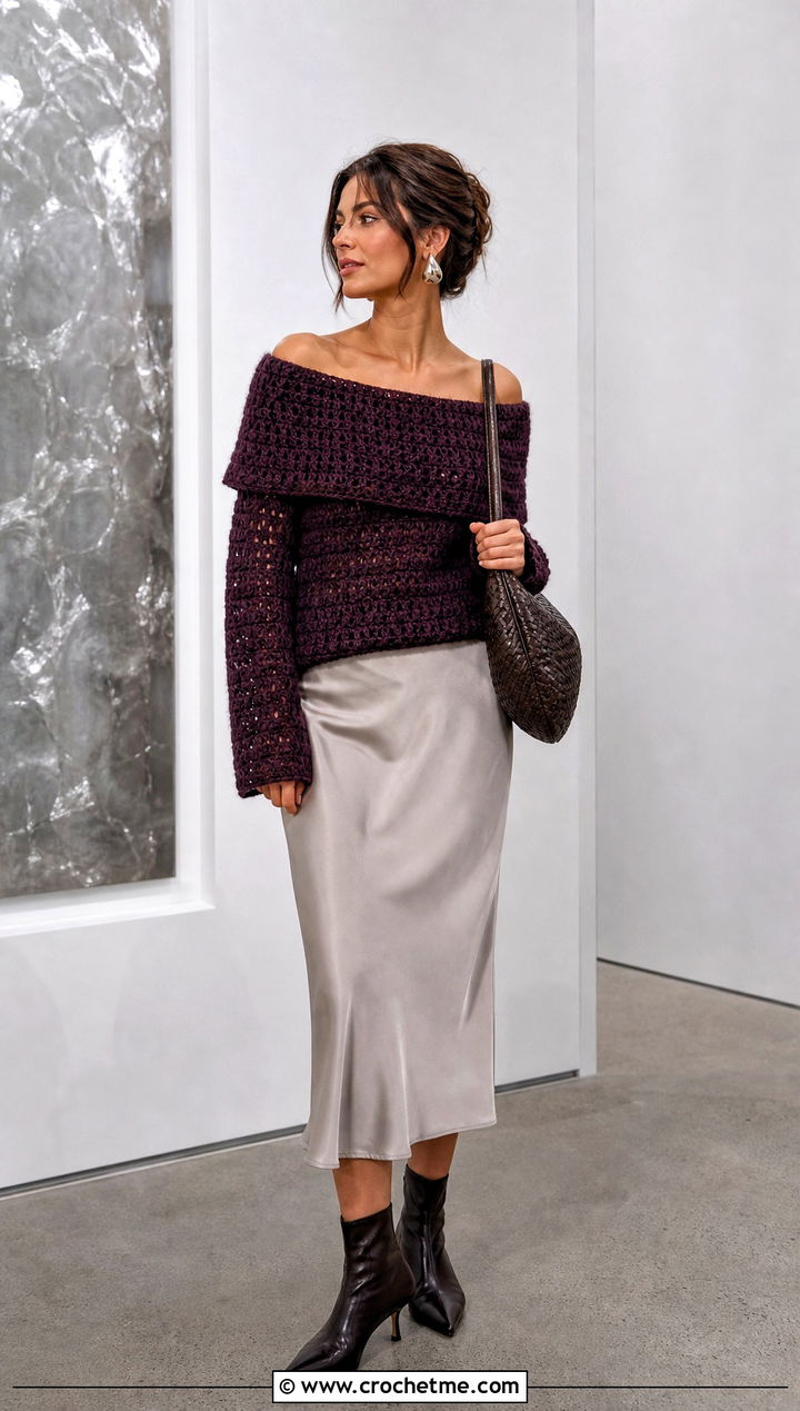 Off Shoulder Crochet Sweater With A Satin Skirt - 25 cool crochet clothes and outfit ideas