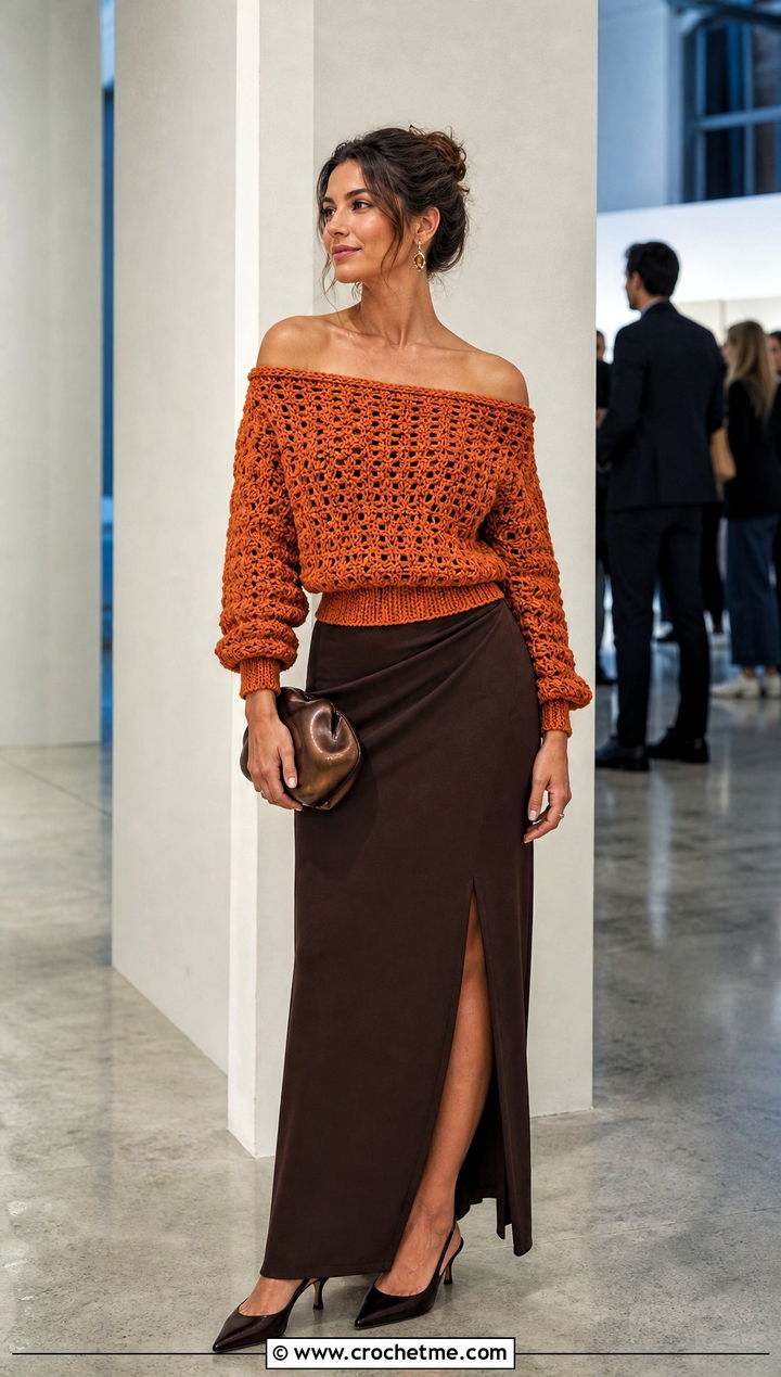Off Shoulder Crochet Sweater With A Tailored Maxi Skirt - 30 crochet key sweater outfit ideas