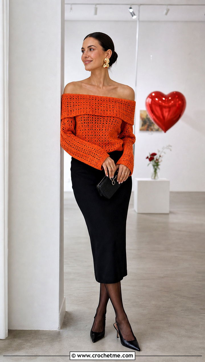 Off Shoulder Crochet Sweater With Black Midi Skirt - 25 Valentines Day Crochet Sweater outfit ideas