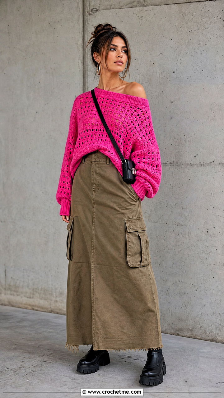 Off Shoulder Crochet Sweater With Cargo Maxi Skirt - 35 fall crochet sweater outfit ideas