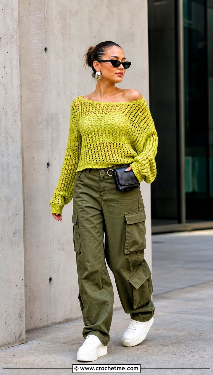 Off Shoulder Crochet Sweater With Cargo Pants - 35 summer crochet sweater outfit ideas