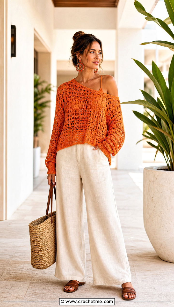 Off Shoulder Crochet Sweater With Linen Pants - 25 Boho Crochet Sweater outfit ideas