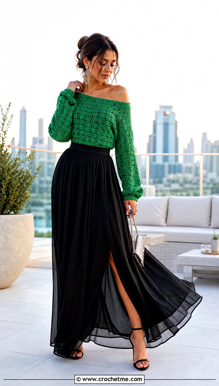Off Shoulder Crochet Sweater With Maxi Skirt - 30 crochet women sweater outfit ideas