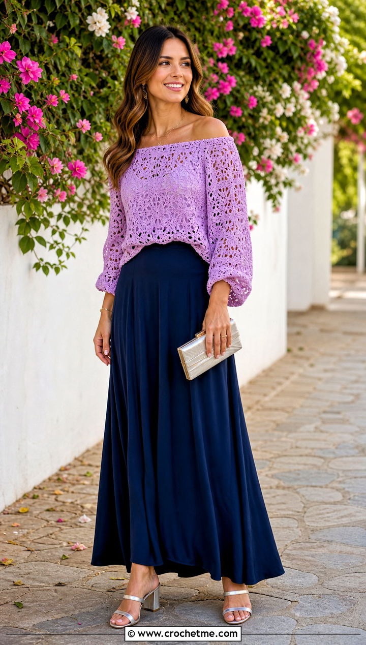 Off Shoulder Crochet Sweater With Maxi Skirt - 35 crochet sweater for women outfit ideas