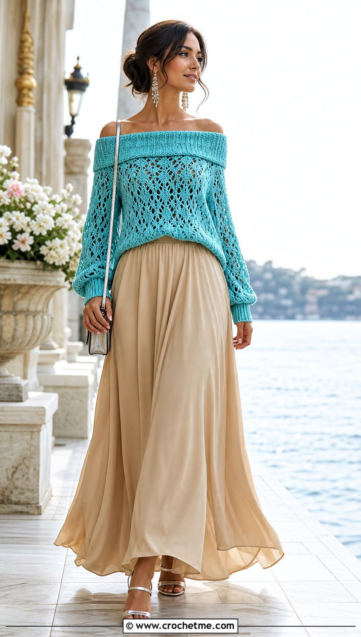 Off Shoulder Crochet Sweater With Maxi Skirt - 35 diy crochet sweater outfit ideas