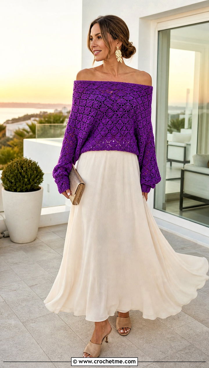 Off Shoulder Crochet Sweater With Maxi Skirt - 30 cool crochet sweater outfit ideas