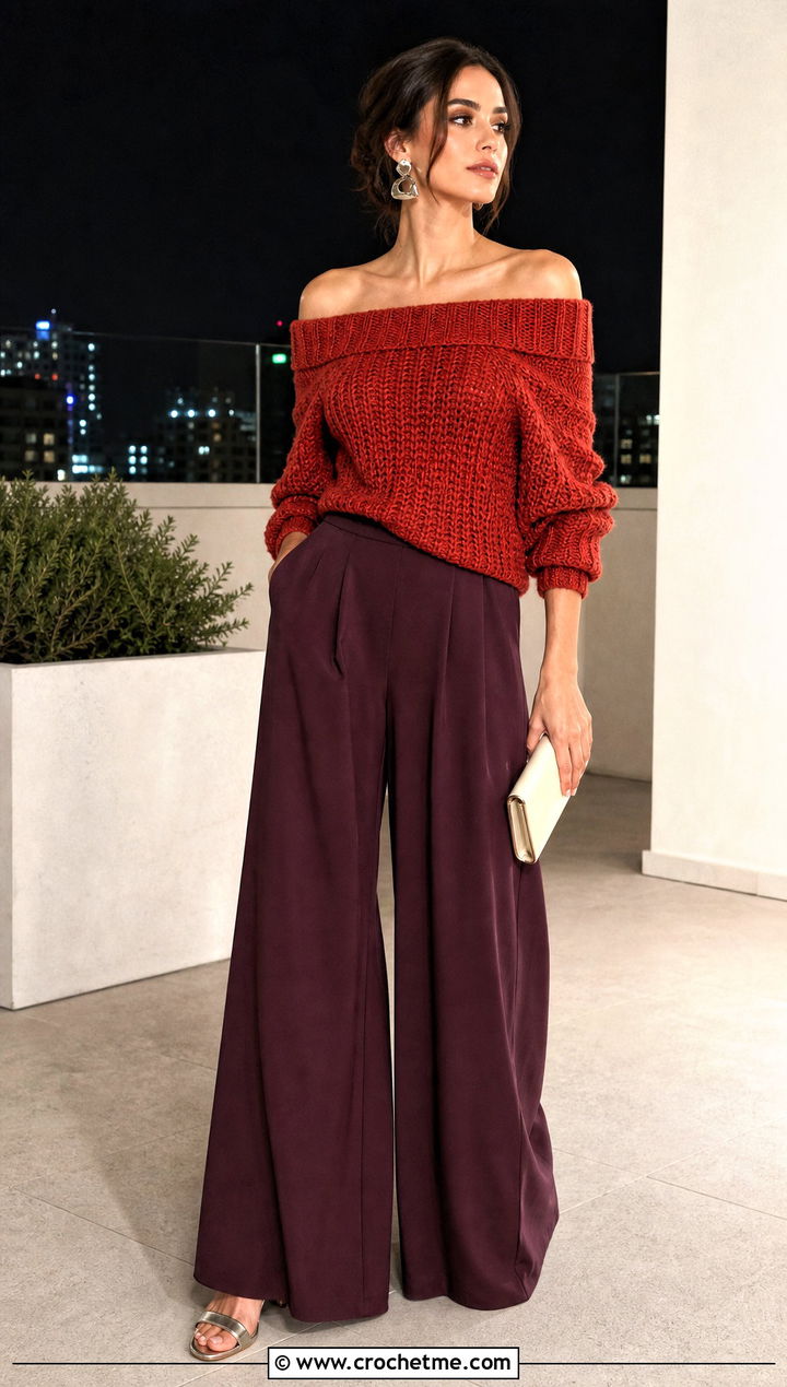 Off Shoulder Crochet Sweater With Palazzo Pants - 30 Crocheted Sweater Outfit ideas