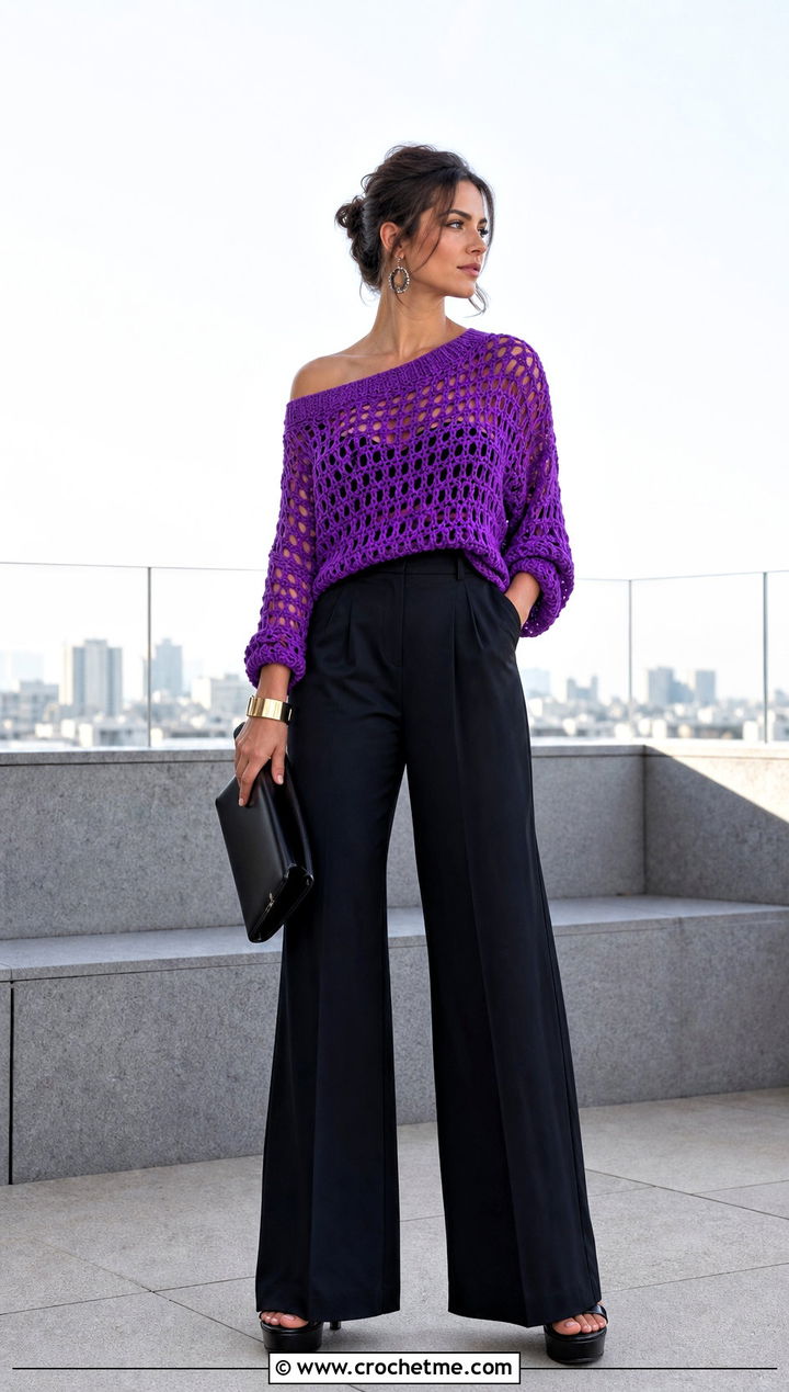 Off Shoulder Crochet Sweater With Palazzo Pants - 30 crochet sweater inspiration outfit ideas