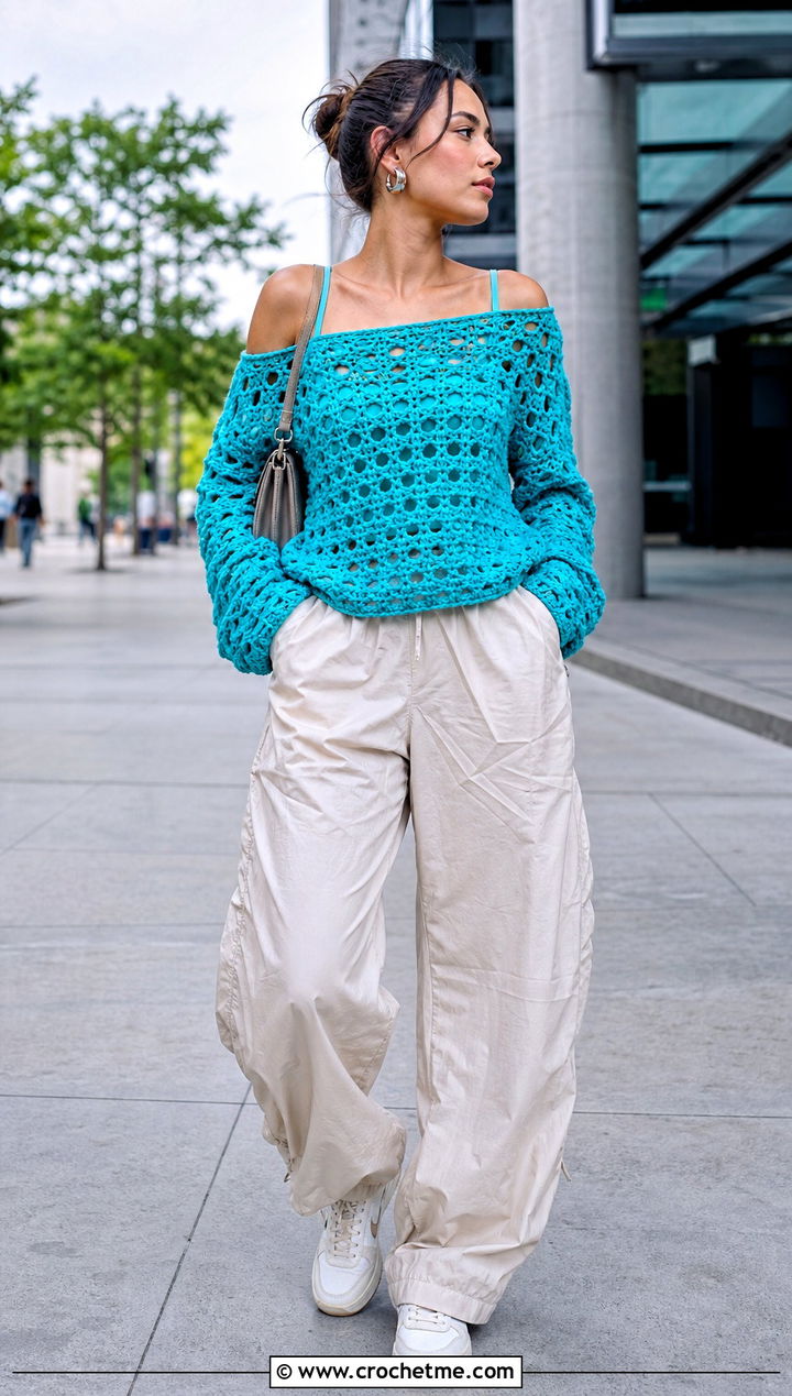 Off Shoulder Crochet Sweater With Parachute Pants - 35 crochet sweater women outfit ideas