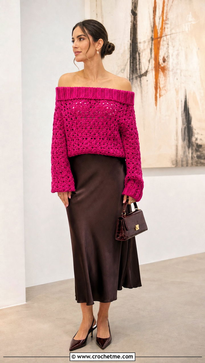 Off Shoulder Crochet Sweater With Satin Midi Skirt - 15 Crochet Wide Neck Sweater outfit ideas