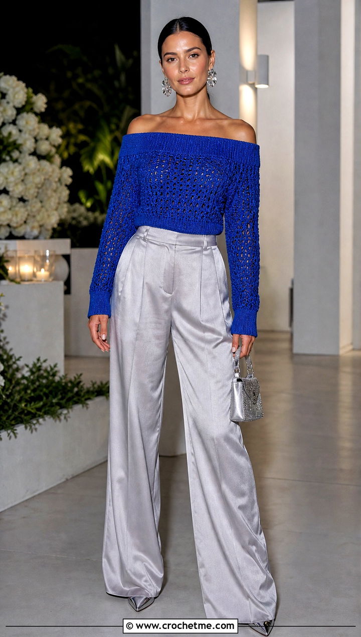 Off Shoulder Crochet Sweater With Satin Pants - 25 Crochet Quick Sweater outfit ideas