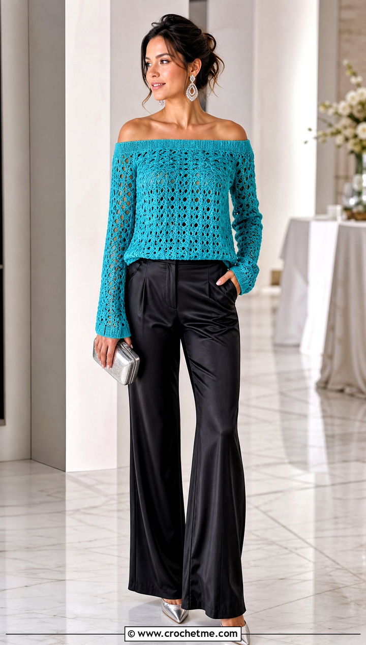Off Shoulder Crochet Sweater With Satin Pants - 25 Womens Crochet Sweater outfit ideas