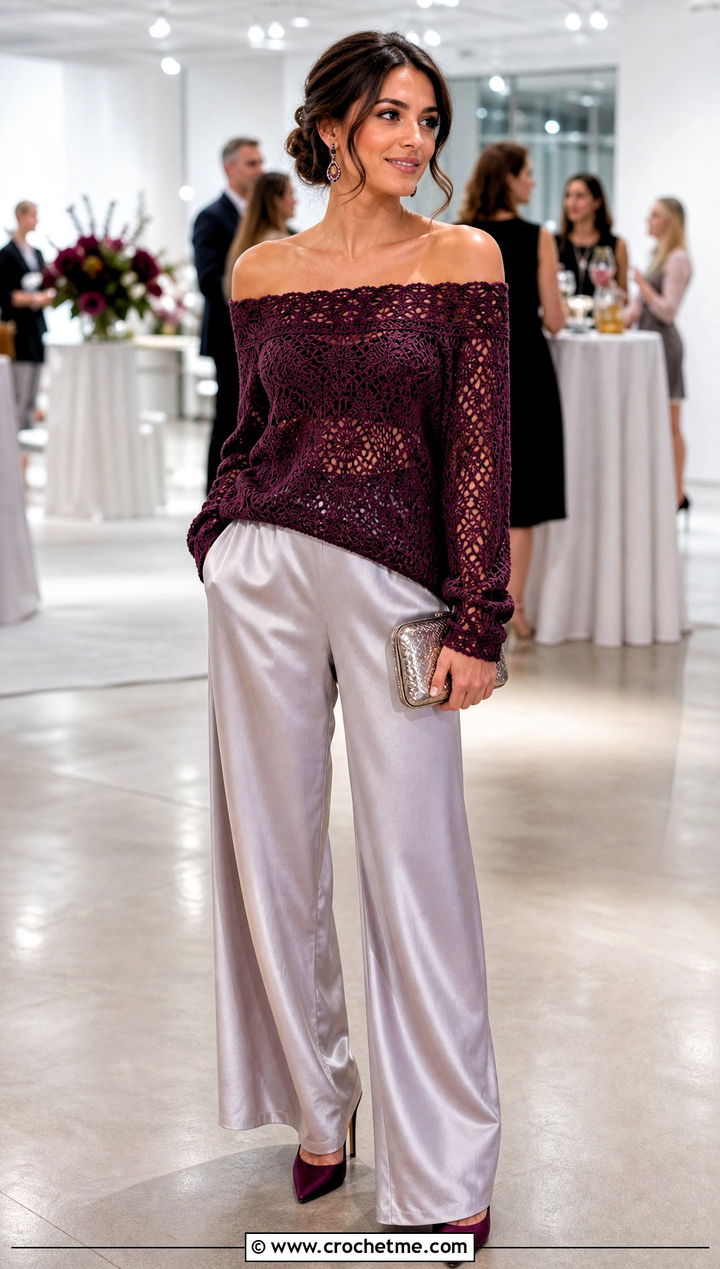 Off Shoulder Crochet Sweater With Satin Pants - 35 simple crochet sweater outfit ideas