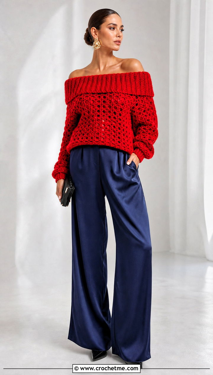 Off Shoulder Crochet Sweater With Satin Wide Leg Pants - 25 chunky yarn crochet sweater outfit ideas