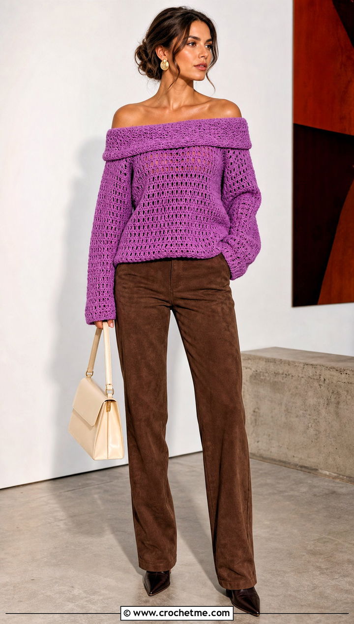 Off Shoulder Crochet Sweater With Suede Pants - 30 fall crochet sweaters outfit ideas