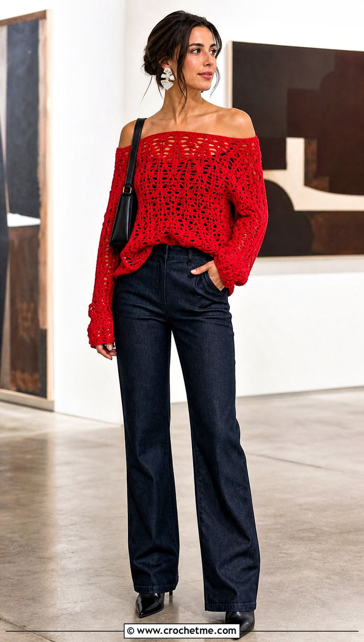 Off Shoulder Crochet Sweater With Tailored Jeans - 20 Comfy Crochet Sweater outfit ideas