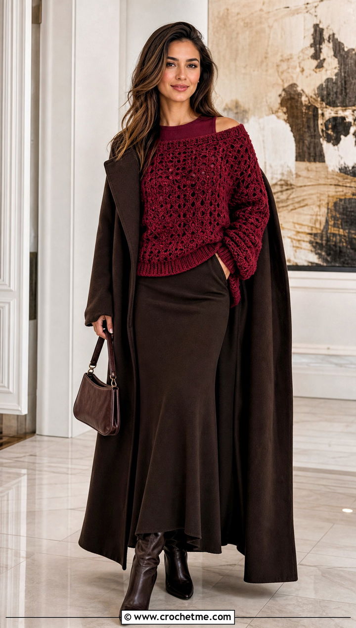 Off Shoulder Crochet Sweater With a Maxi Skirt - 30 crochet winter sweater outfit ideas