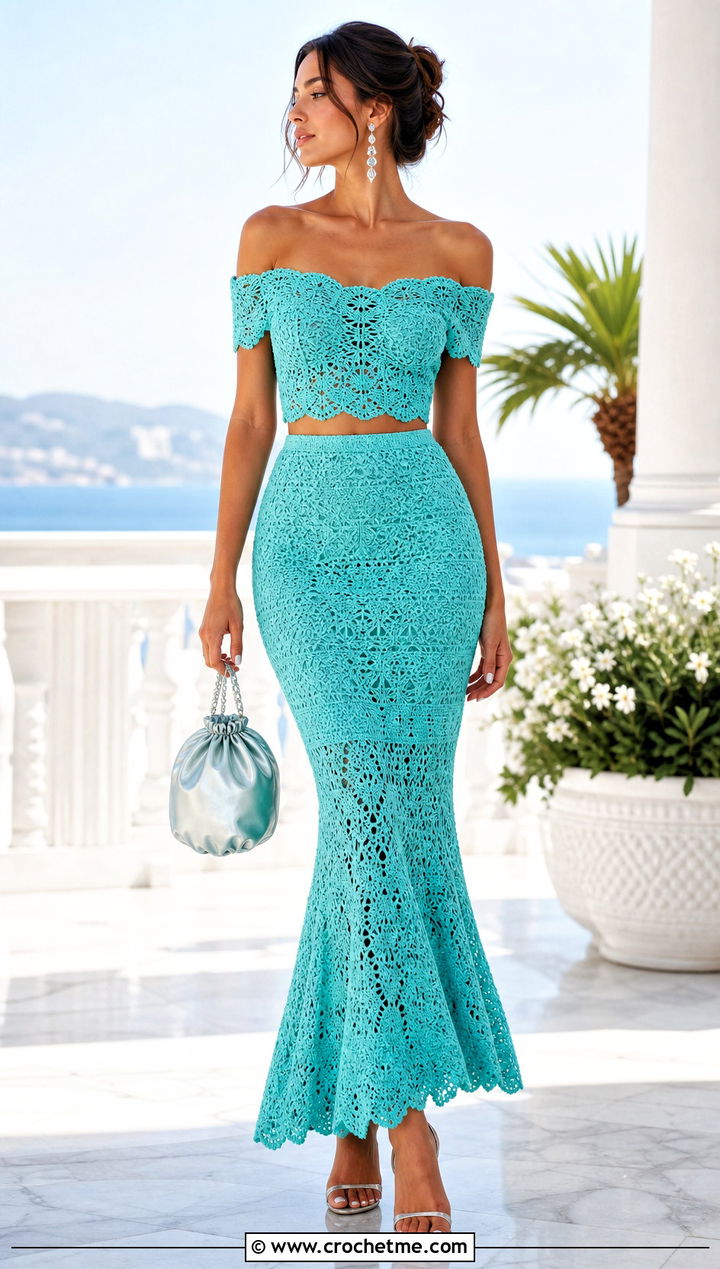 Off Shoulder Crochet Top And Mermaid Skirt With Heeled Sandals - 35 crochet skirt and top outfit ideas