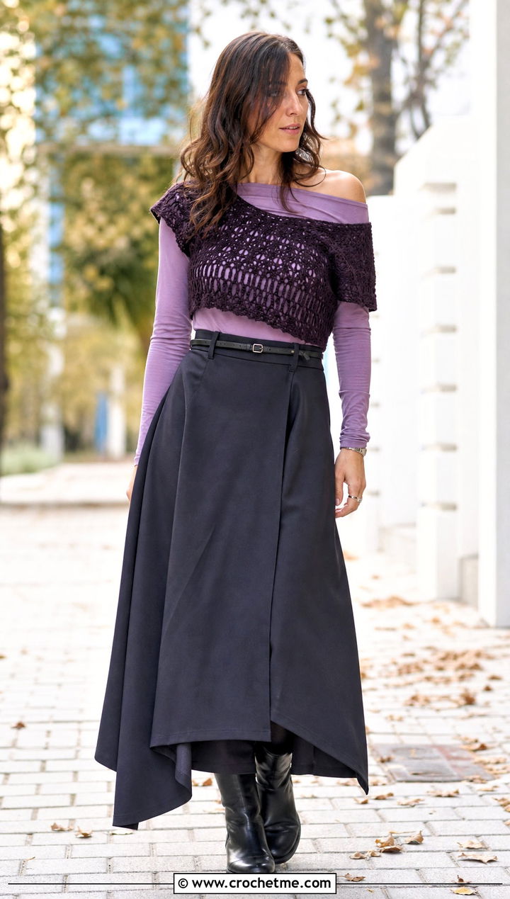Off Shoulder Crochet Top Over A Long Sleeve Tee - 30 Crochet Top Layering Outfit ideas