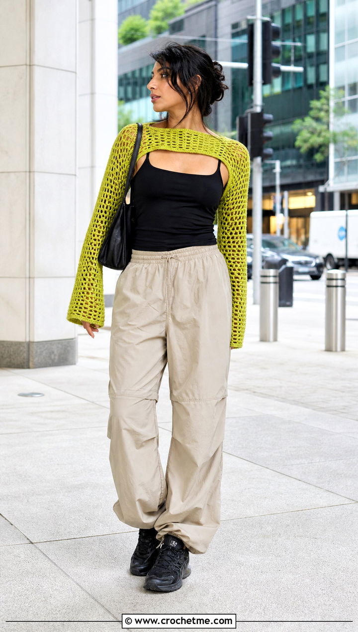 Off Shoulder Crochet Top Shrug With Parachute Pants - 30 crochet top shrug outfit ideas