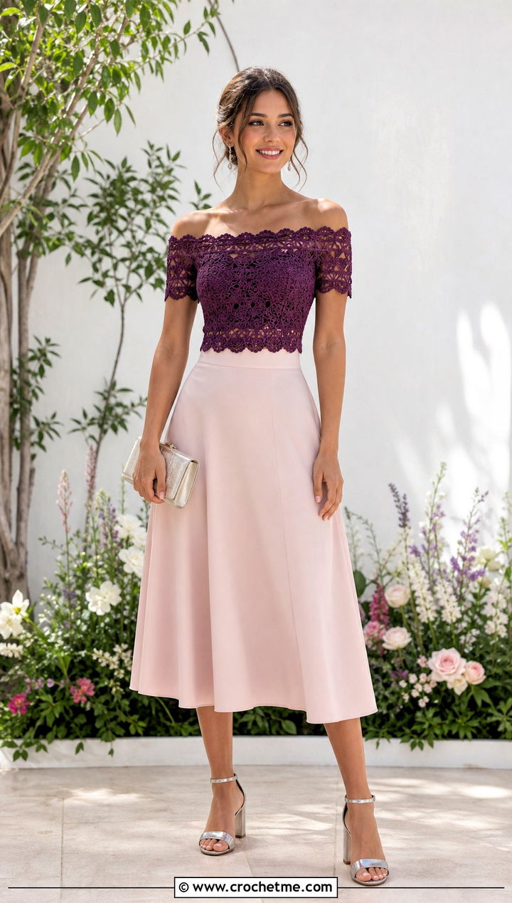 Off Shoulder Crochet Top With A Line Midi Skirt - 35 lacy crochet top outfit ideas