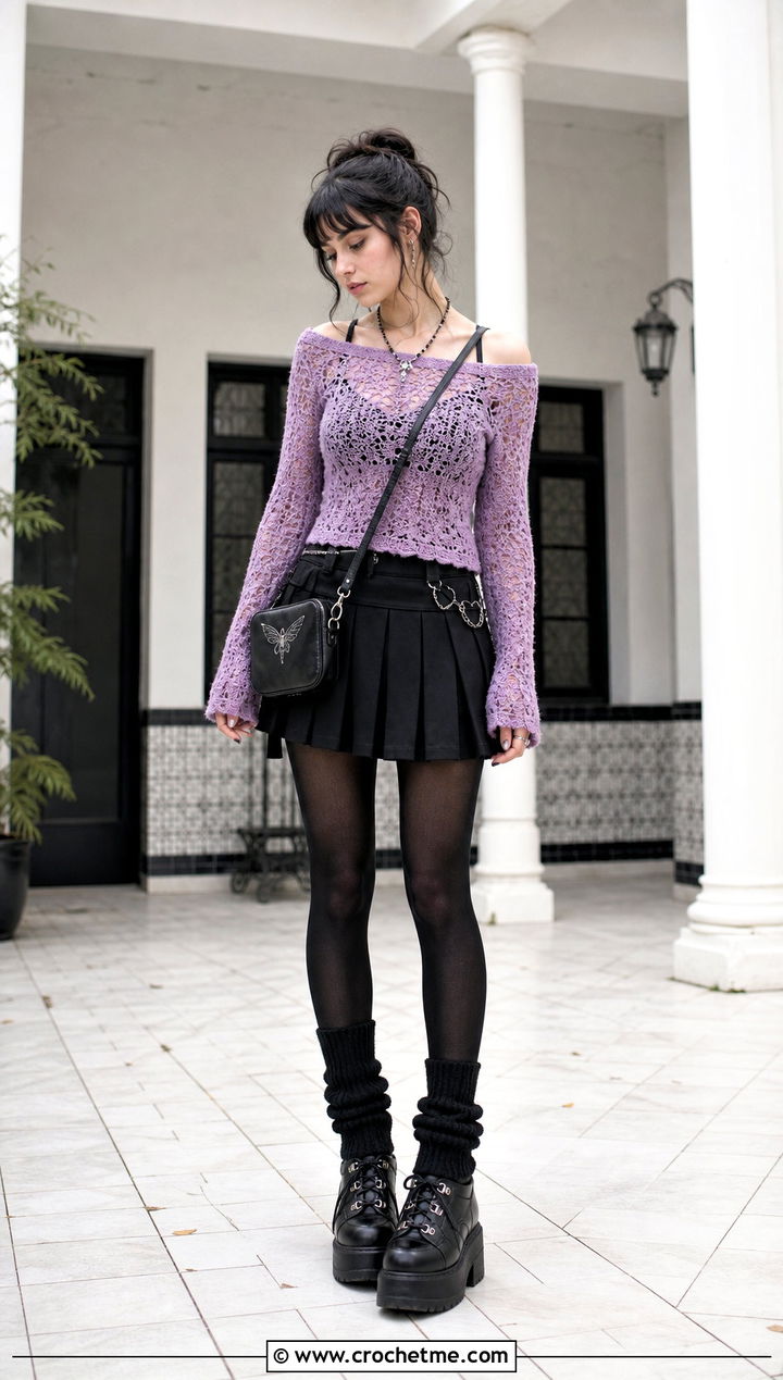 Off Shoulder Crochet Top With A Pleated Skirt - 25 emo crochet top outfit ideas