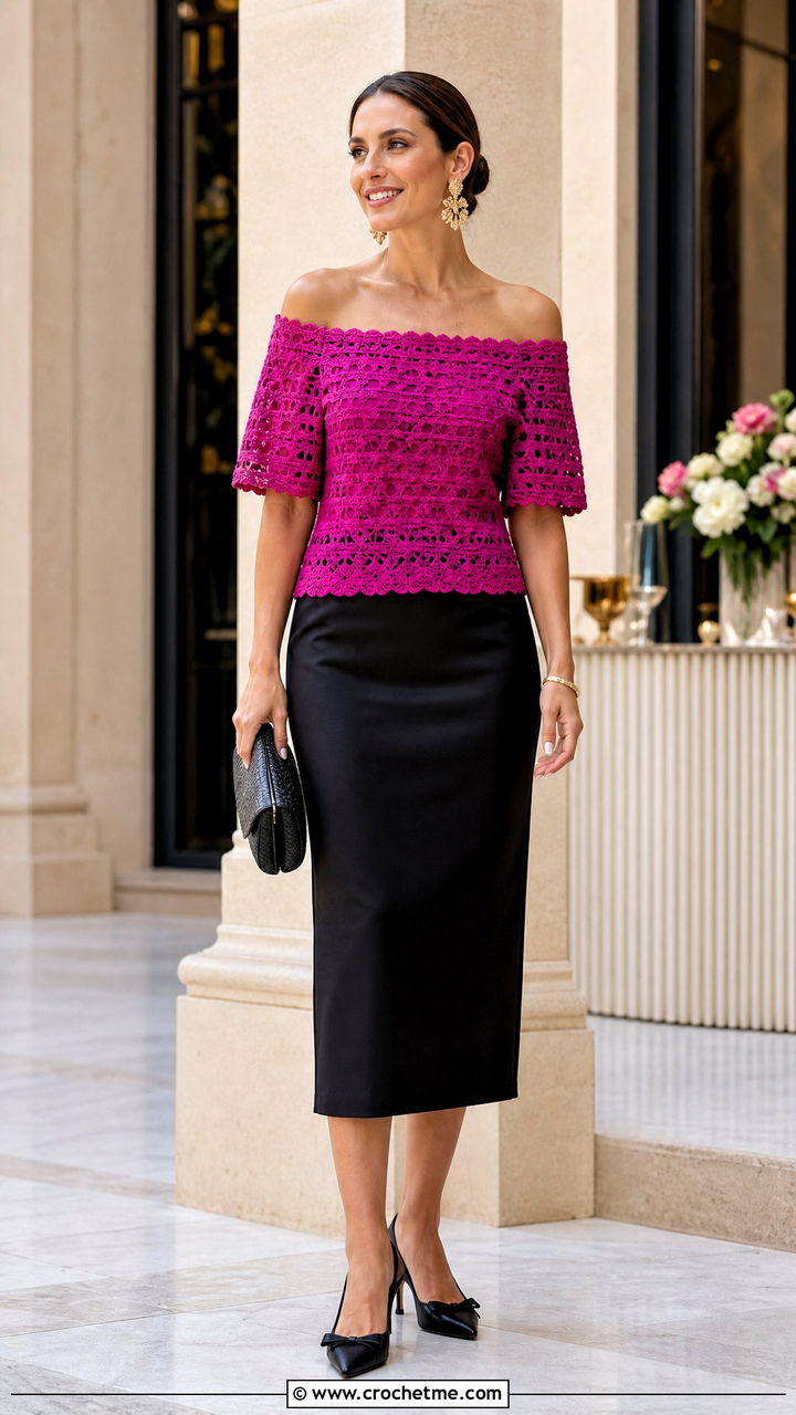 Off Shoulder Crochet Top With Column Skirt - 35 Basic Crochet Top outfit ideas
