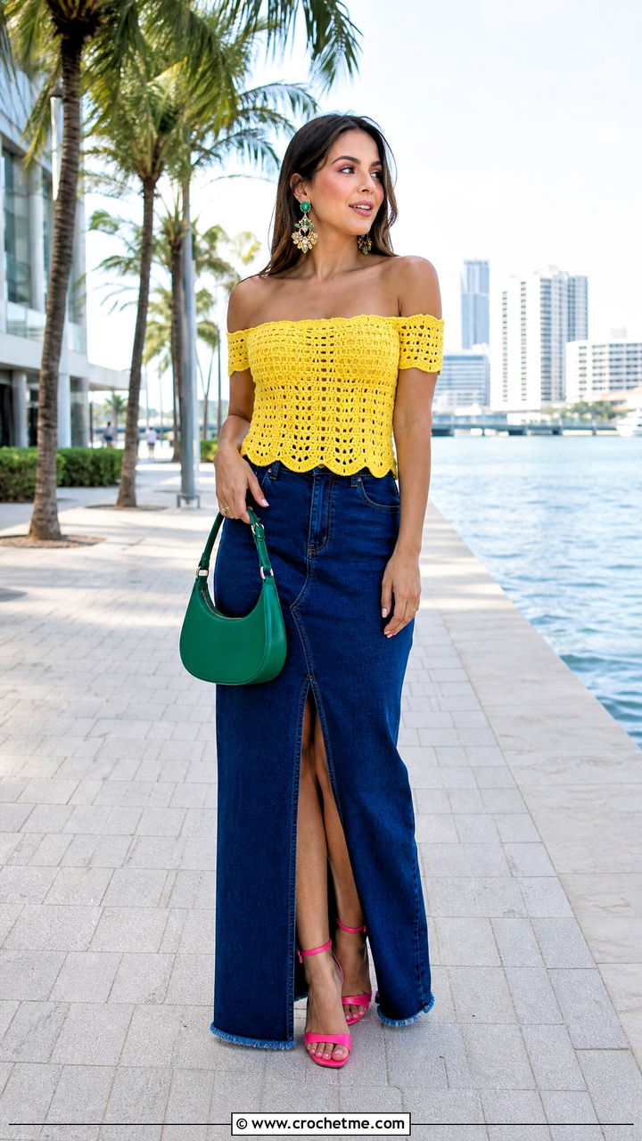 Off Shoulder Crochet Top With Denim Maxi Skirt - 35 crochet ladies tops outfit ideas
