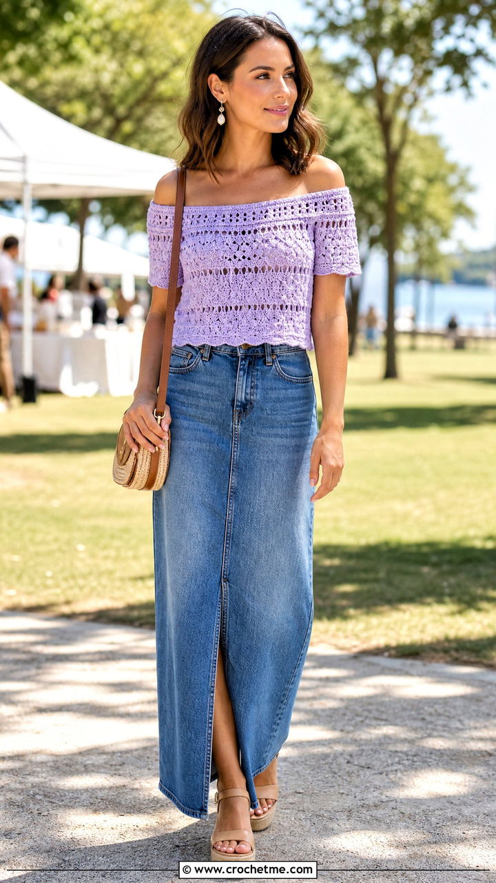 Off Shoulder Crochet Top With Denim Maxi Skirt - 35 summer crochet clothes and outfit ideas