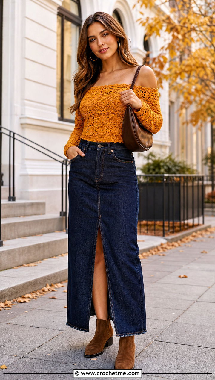 Off Shoulder Crochet Top With Denim Maxi Skirt - 30 unique crochet top outfit ideas