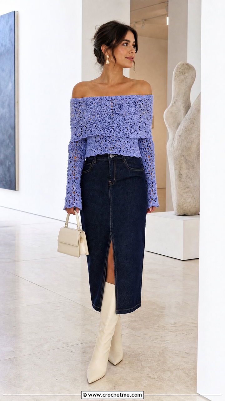 Off Shoulder Crochet Top With Denim Midi Skirt - 35 crochet y2k top outfit ideas