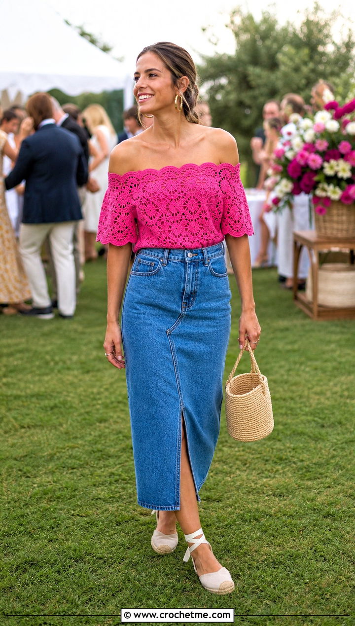 Off Shoulder Crochet Top With Denim Midi Skirt - 15 crochet top on grass outfit ideas