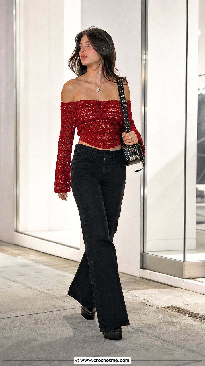 Off Shoulder Crochet Top With Flared Jeans - 35 goth crochet top outfit ideas