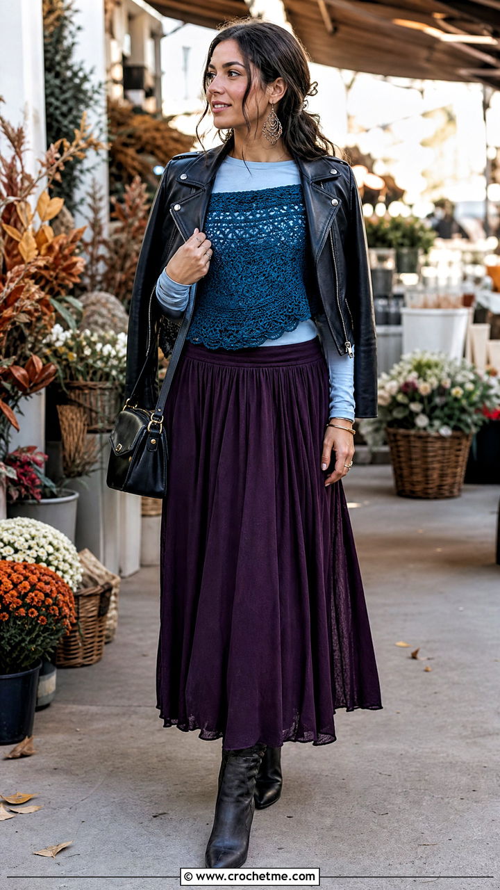 Off Shoulder Crochet Top With Maxi Skirt - 35 crochet fall top outfit ideas