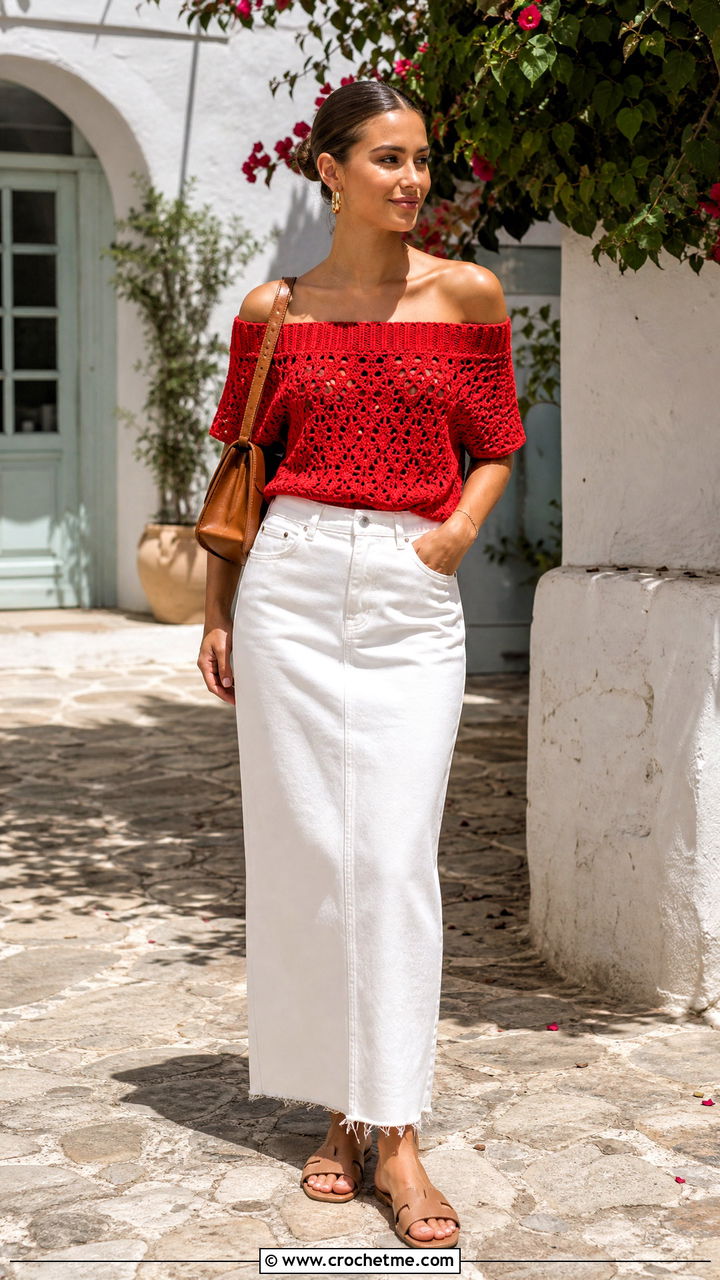 Off Shoulder Crochet Top With Maxi Skirt - 35 styling crochet tops outfit ideas