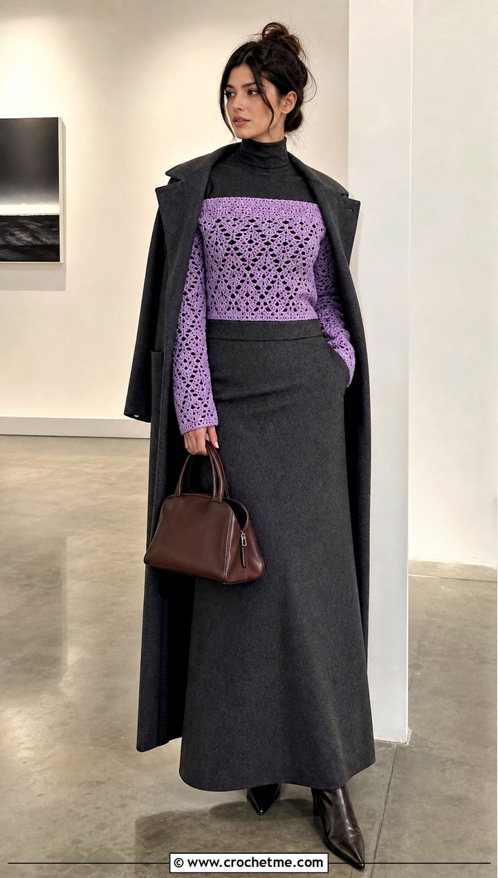 Off Shoulder Crochet Top With Maxi Skirt - 35 winter crochet top outfit ideas