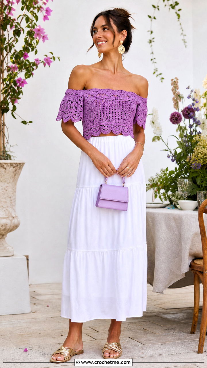 Off Shoulder Crochet Top With Maxi Skirt - 35 aesthetic crochet tops outfit ideas