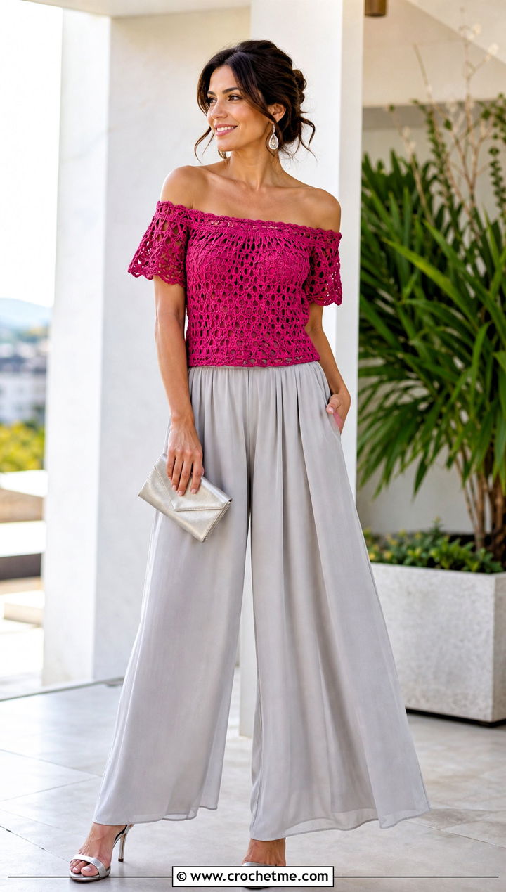 Off Shoulder Crochet Top With Palazzo Pants - 35 cute crochet tops ideas