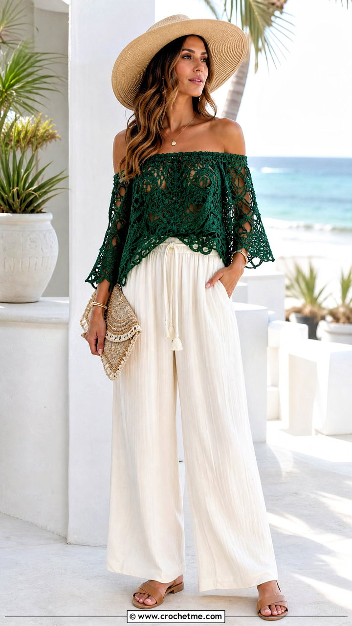 Off Shoulder Crochet Top With Palazzo Pants - 35 crochet top beach outfit ideas