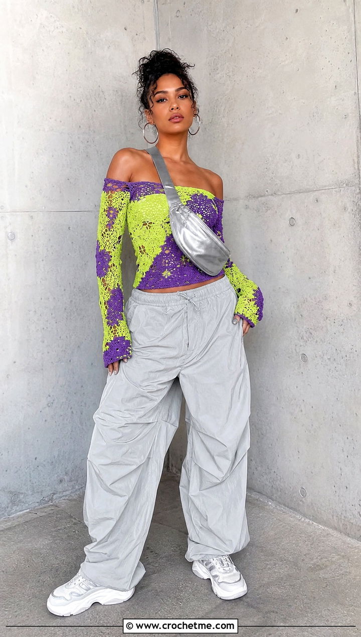Off Shoulder Crochet Top With Parachute Pants - 30 two colour crochet top outfit ideas