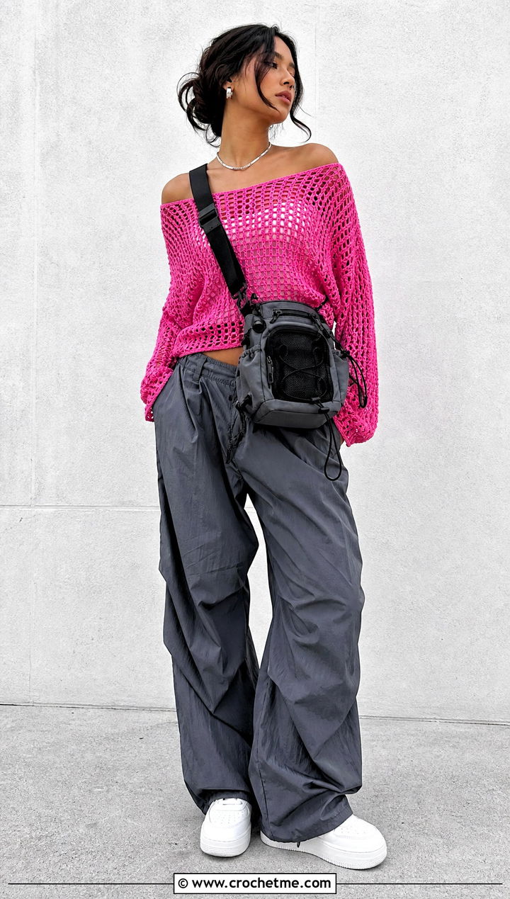 Off Shoulder Crochet Top With Parachute Pants - 35 grunge crochet top outfit ideas