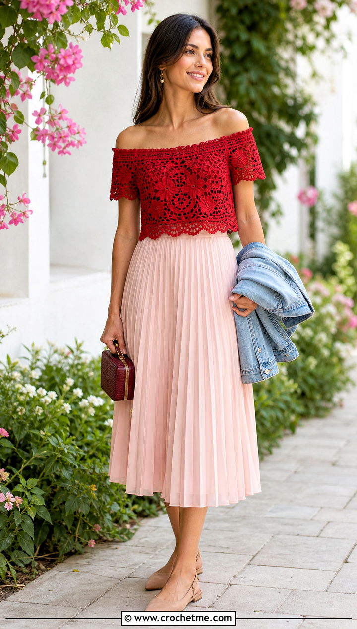 Off Shoulder Crochet Top With Pleated Skirt - 20 Crochet Top For Spring outfit ideas