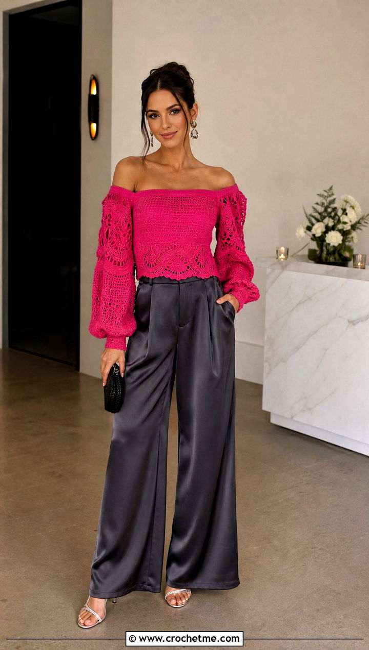 Off Shoulder Crochet Top With Satin Pants - 15 honey punch crochet top outfit ideas