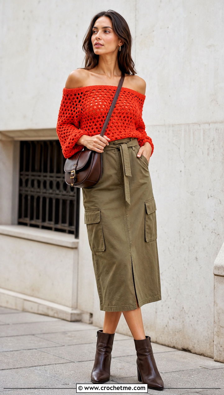 Off Shoulder Crochet Top With Utility Skirt - 15 crochet top dress style outfit ideas