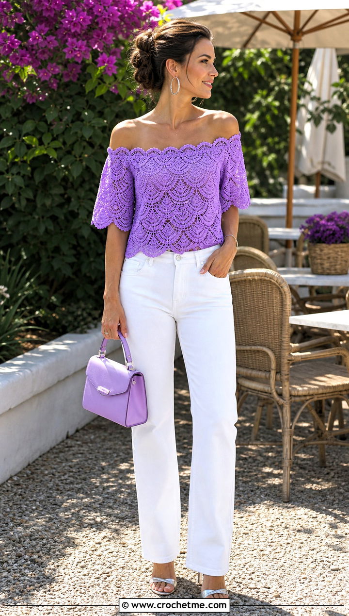 Off Shoulder Crochet Top With White Jeans - 25 freestyle crochet top outfit ideas
