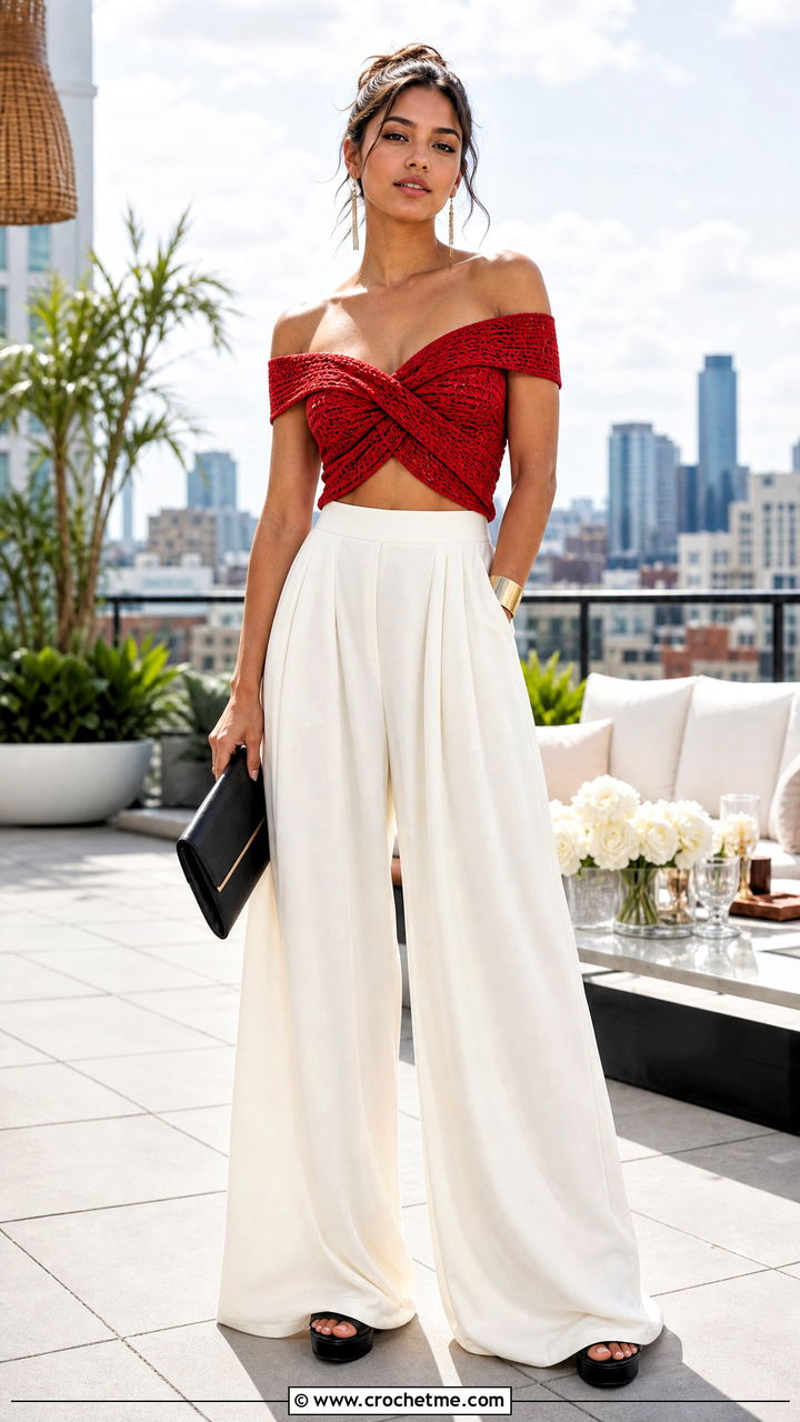 Off Shoulder Crochet Twist Top With Palazzo Pants - 35 crochet twist top outfit ideas