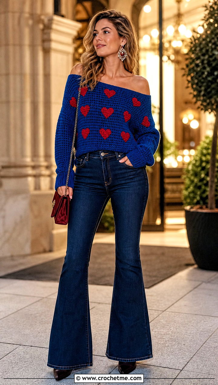 Off Shoulder Crochet Valentine Sweater With Flare Jeans - 25 crochet valentine sweater outfit ideas