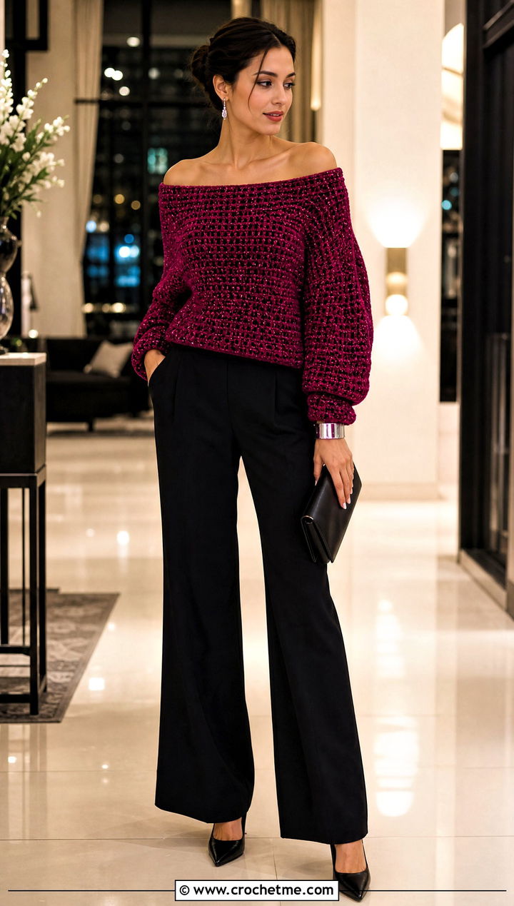 Off Shoulder Crochet Velvet Sweater With Tailored Wide Leg Pants - 20 Crochet Velvet Sweater outfit ideas